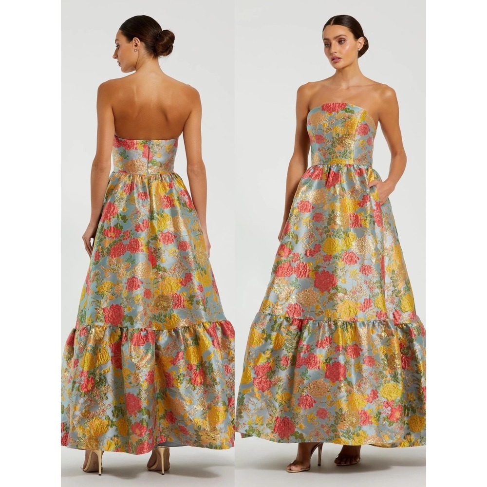 Mac Duggal Multicolor‎ Strapless Floral Brocade Dress with Ruffles $798 - Size 2